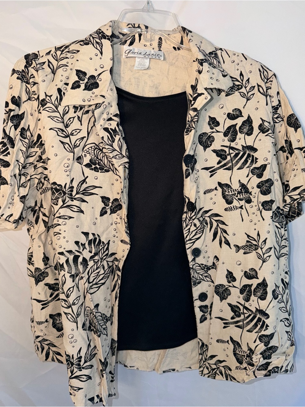 VTG 90s Gloria Lance Woman Two-Piece Look Blouse, Tropical Fish Botanical Print